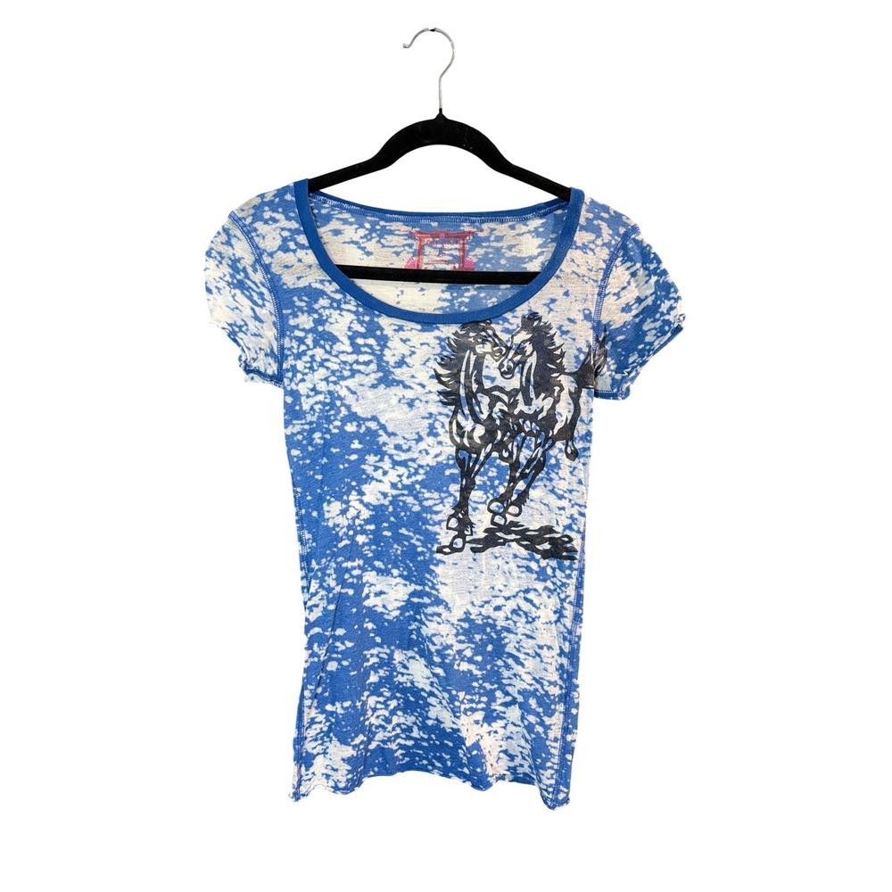 Free People Blue Horse Graphic Burnout T-Shirt Womens Small Boho Baby Tee Y2K